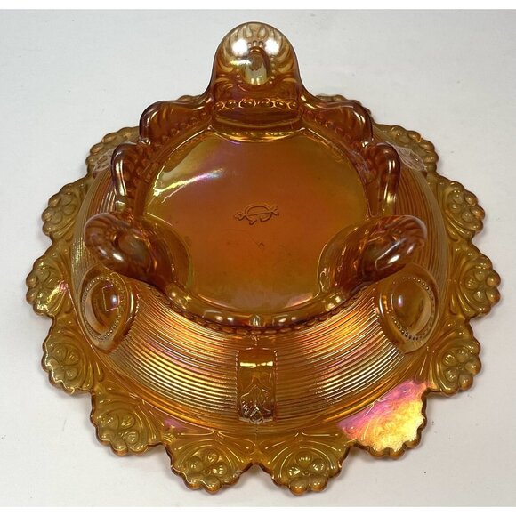 VTG IMPERIAL GLASS 7" Dark Marigold Carnival Glass Ornate Footed CANDY BOWL Read - Picture 4 of 7